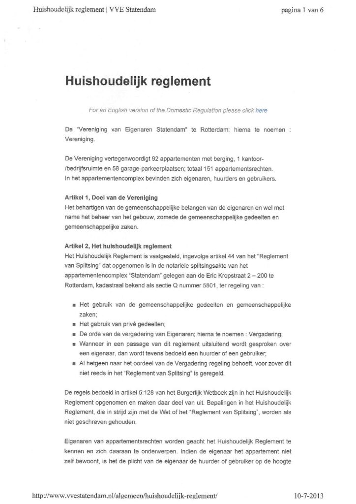 Huishoudelijk Reglement – VVE Statendam